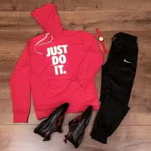 ست هودی و شلوار مردانه Just Do It کد A33 در رنگ مشکی کلاه دار