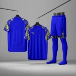 ست ورزشی پوما مردانه شامل تیشرت و شلوارک با جنس فلامنت سوزنی در سه رنگ آبی، سفید، مشکی